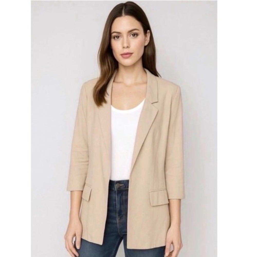 LOFT Women Beige Open Front Blazer Jacket 10 Preppy Academia Career Chic 86-32